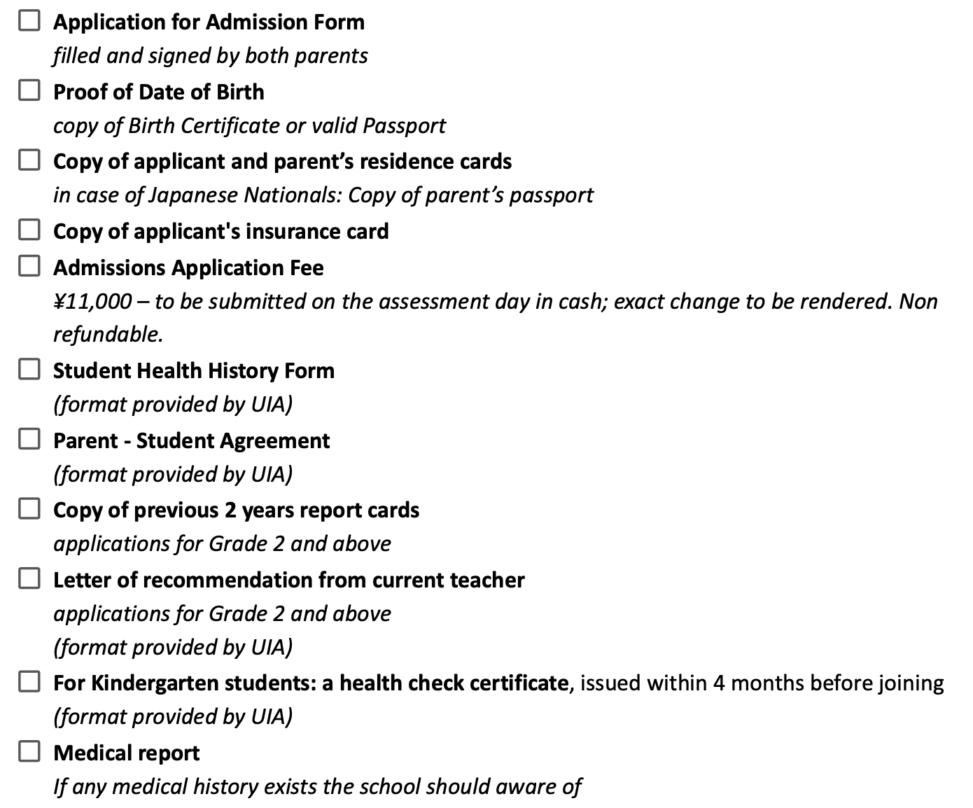 Checklist for school admission documents, including forms, ID proofs, fees, medical reports, and recommendations.