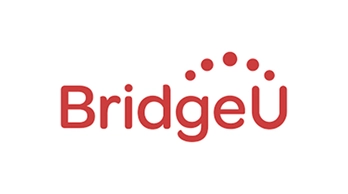 BridgeU logo with stylized red text and dotted arc symbolizing connection and education.