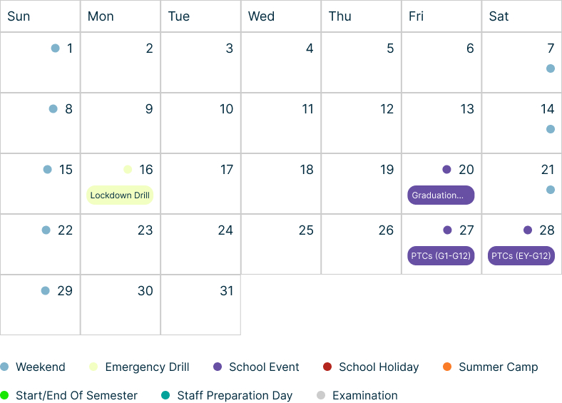 School calendar for May with events: Lockdown Drill, Graduation, and Parent-Teacher Conferences.