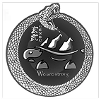 Serpent and turtle emblem with mountains, featuring the phrase We are strong.