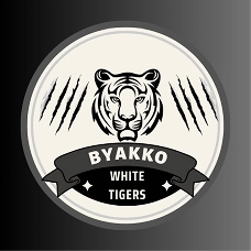 Logo of Byakko White Tigers featuring a fierce tiger head with claw marks and banner on a gradient background.