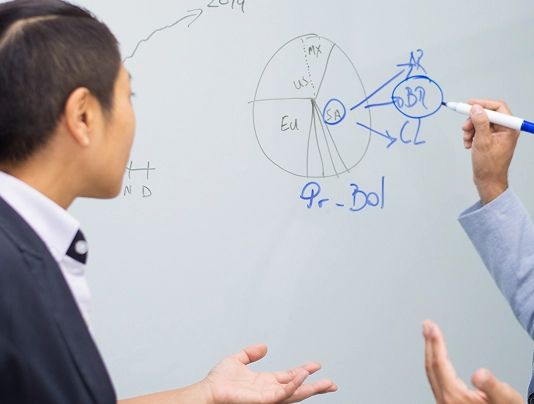 Two professionals discuss strategy, analyzing a diagram on a whiteboard in a business meeting setting.
