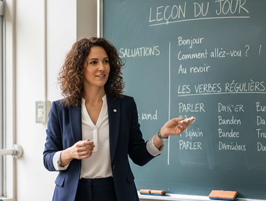Teacher explaining French lesson on a chalkboard in classroom, discussing salutations and regular verbs.