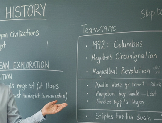 Person gesturing at a chalkboard with historical topics like Columbus and Magellan's circumnavigation written on it.