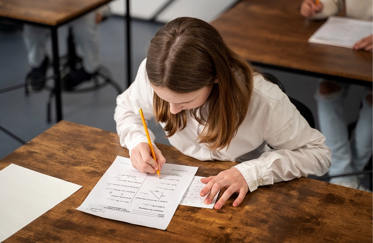 Student focused on solving a math test, sitting at a wooden desk in a classroom setting.
