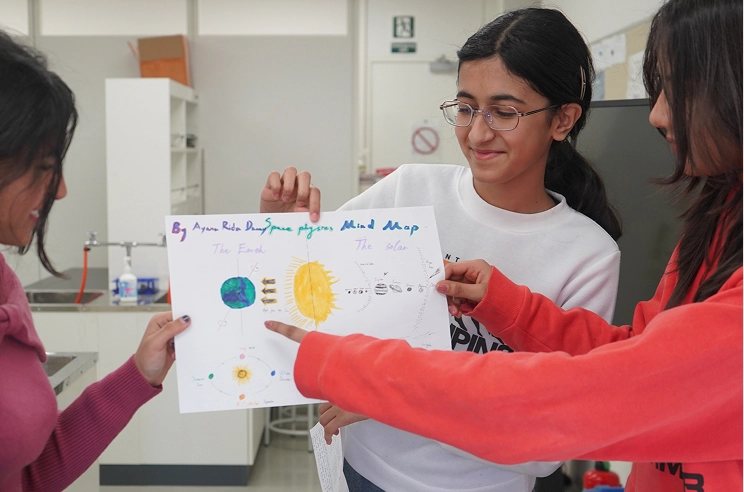 Students presenting a colorful solar system mind map in a classroom, showcasing their science project.