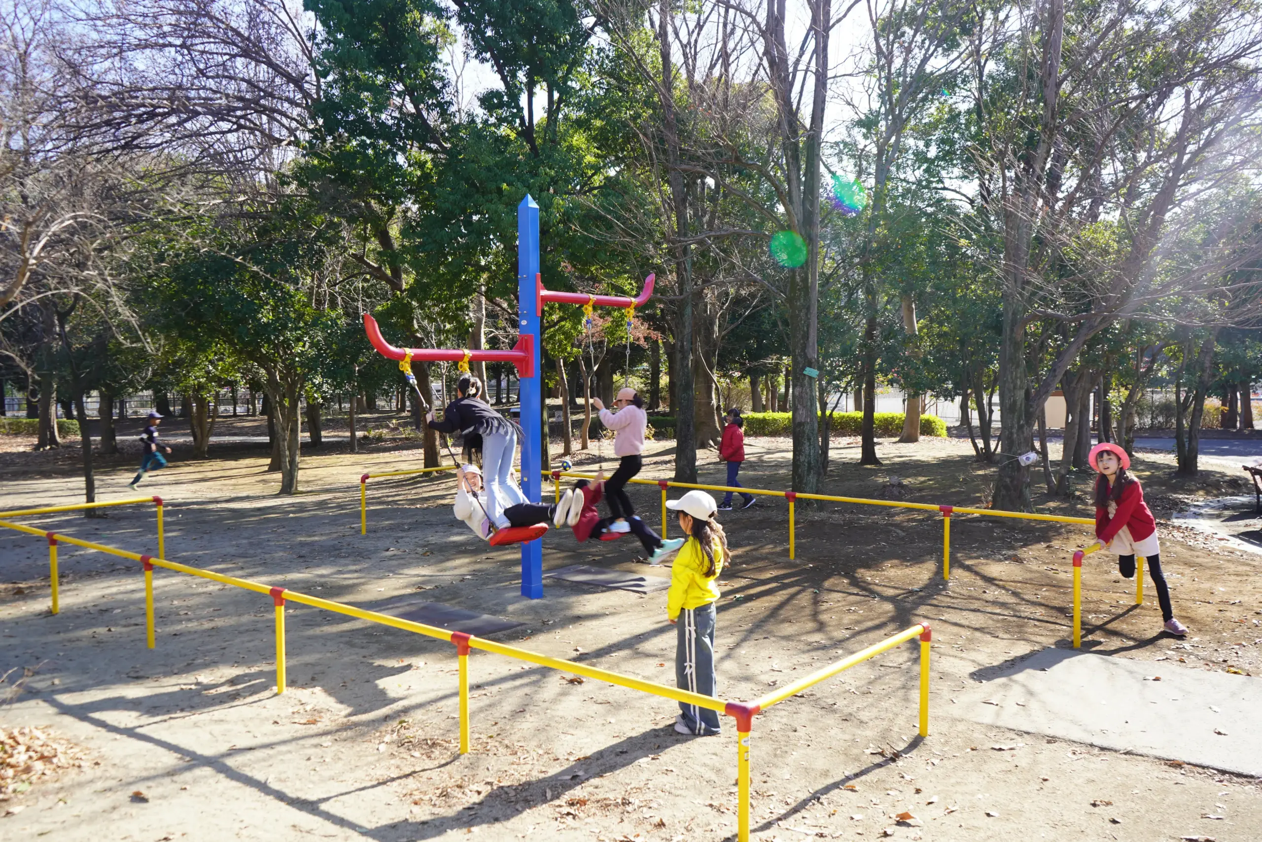 Children playing on colorful playground equipment in a sunny park surrounded by trees.
