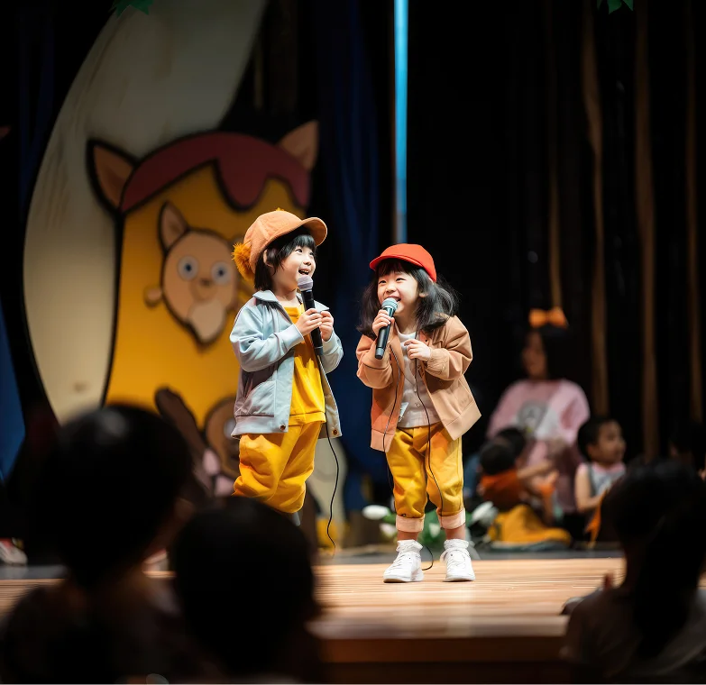 Two young children perform on stage with microphones, wearing colorful costumes, in a lively and joyful setting.